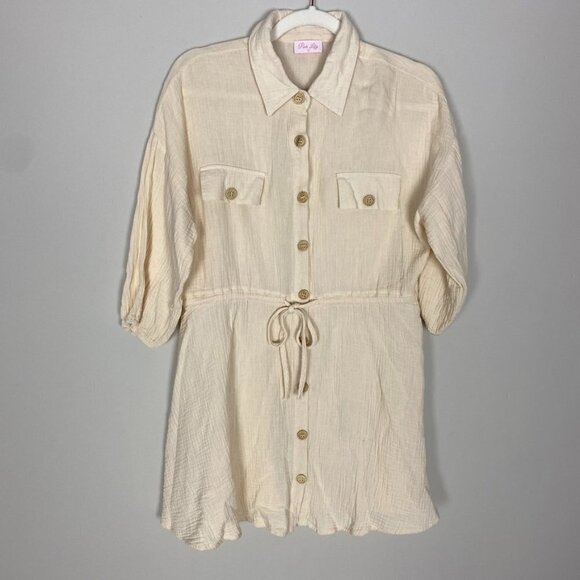 Pink Lily Slub Cotton Gauze Button Front Belted Mini Shirt Dress Womens Small - Picture 1 of 6